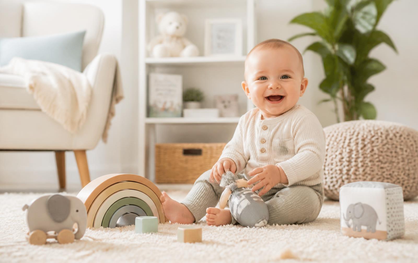Baby sitting on a cream rug playing with pastel wooden and plush toys